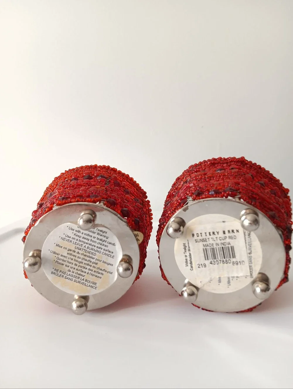 Pottery Barn Sunset Beaded Red Tealight Votive Candle Holders Set of 2 Silver 2